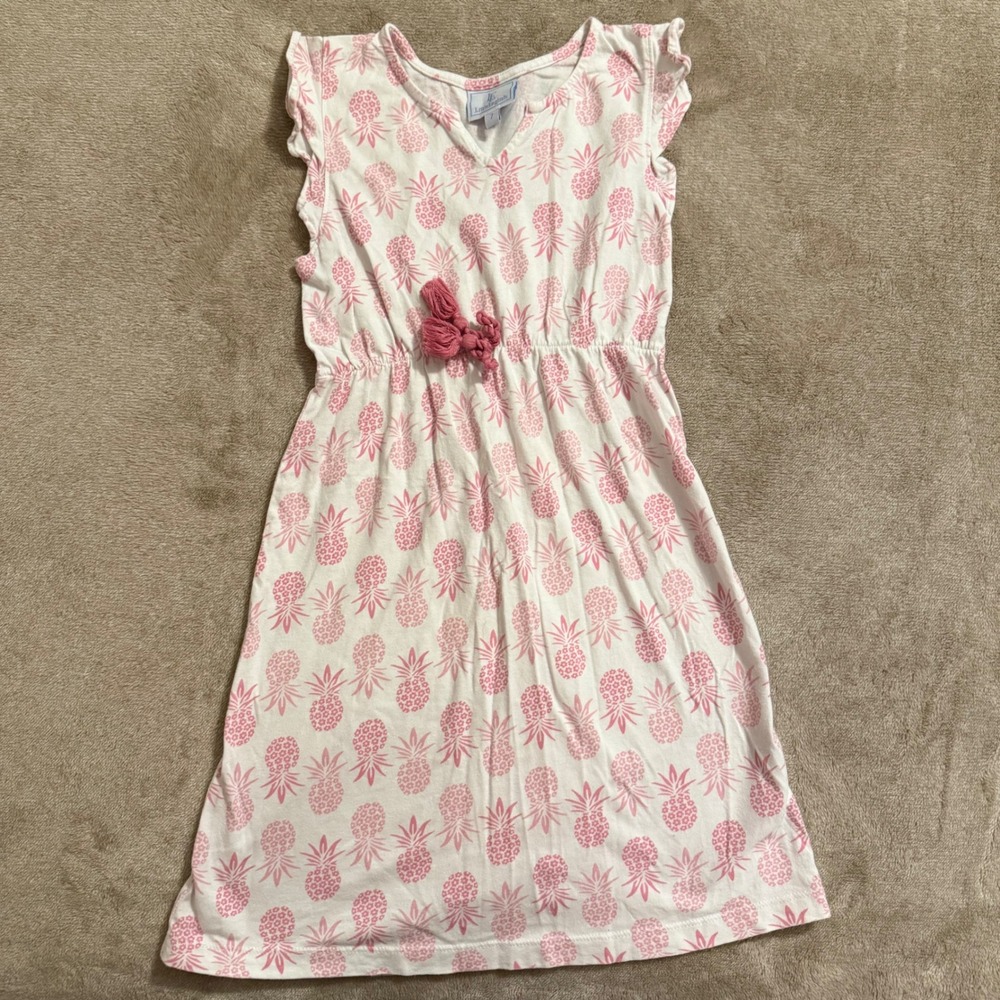 Little English Girls Pink Pineapple Print Cotton Ruffle Sleeve Tassel Dress 7